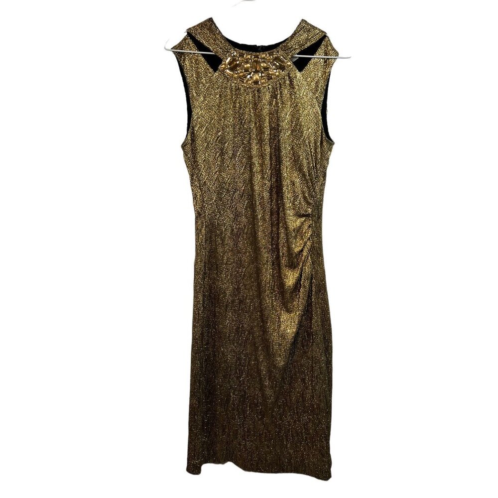 Cache Metallic Gold Holiday Club Dress Embellished Sleeveless Disco Ruched 6